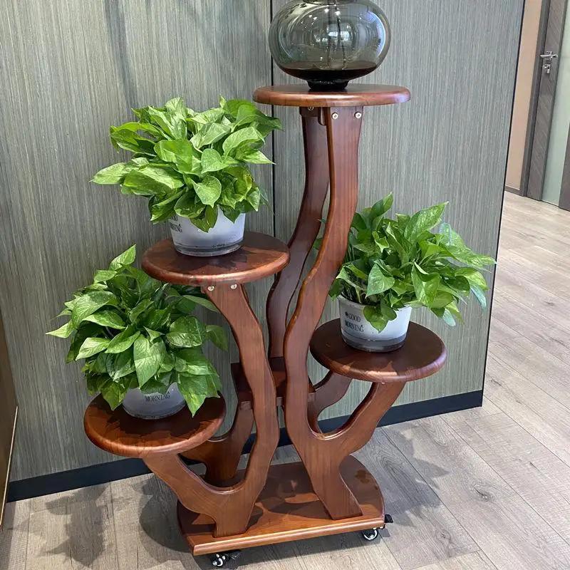 Simple Solid Wood Flower Stand Chinese-style Living Room Shelf Balcony Nordic Wheeled Multi-layer Flower Pot Green R